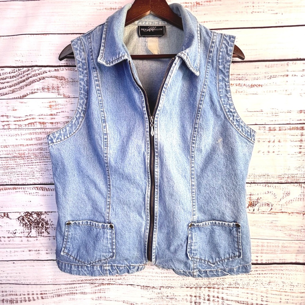 Vintage 90s Western Punk Denim Vest‎ M/L Blue Cotton Zip Sleeveless Grunge